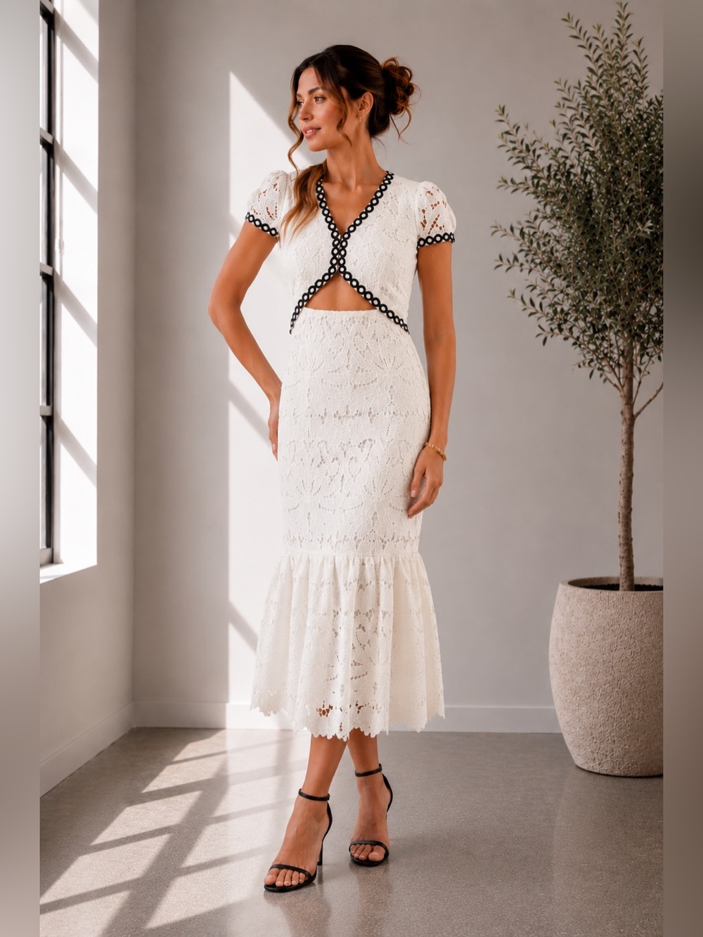 White Lace Midi Dress with Contrast Trim
